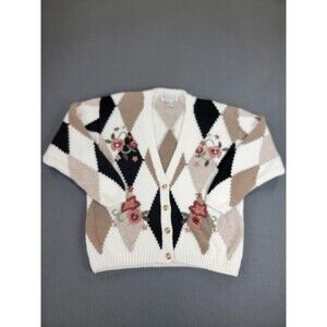 Vintage Milano Design Group Sweater Womens Large Argyle Floral Knit Pullover 90s